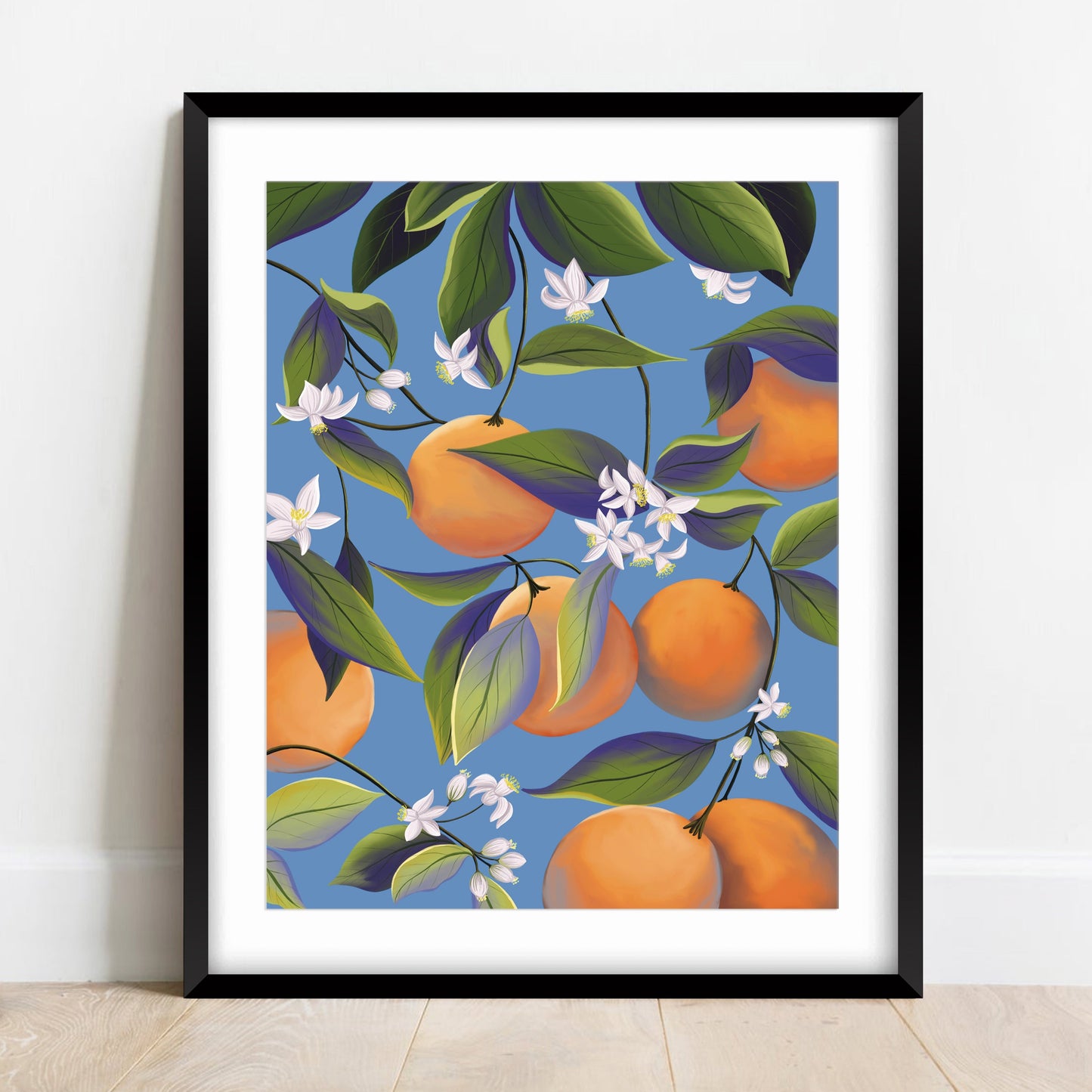 Orange Blossoms In Blue Wall Art Print