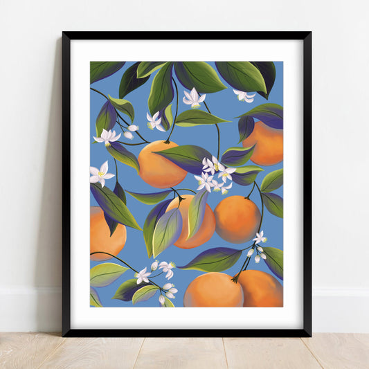 Orange Blossoms In Blue Wall Art Print
