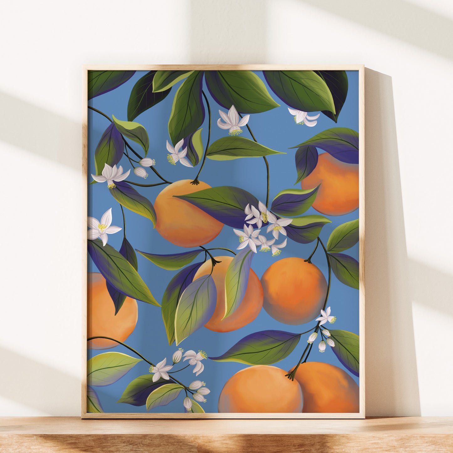 Orange Blossoms In Blue Wall Art Print