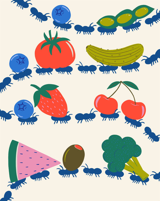 A repeating illustrated pattern of blue ants carrying and walking alongside colorful fruits and vegetables, including blueberries, a tomato, a banana, a strawberry, cherries, a watermelon slice, an olive, and broccoli, on a light cream background.