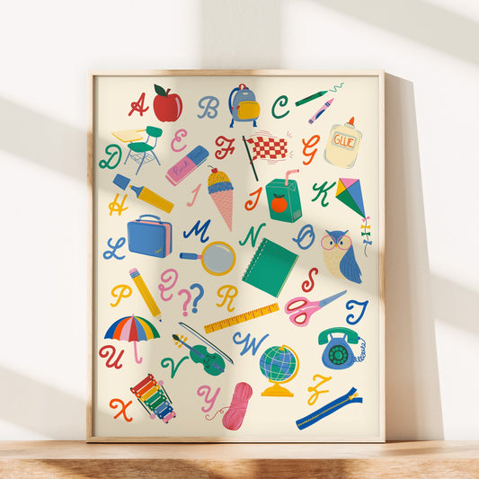 School Supplies Alphabet Wall Art Print