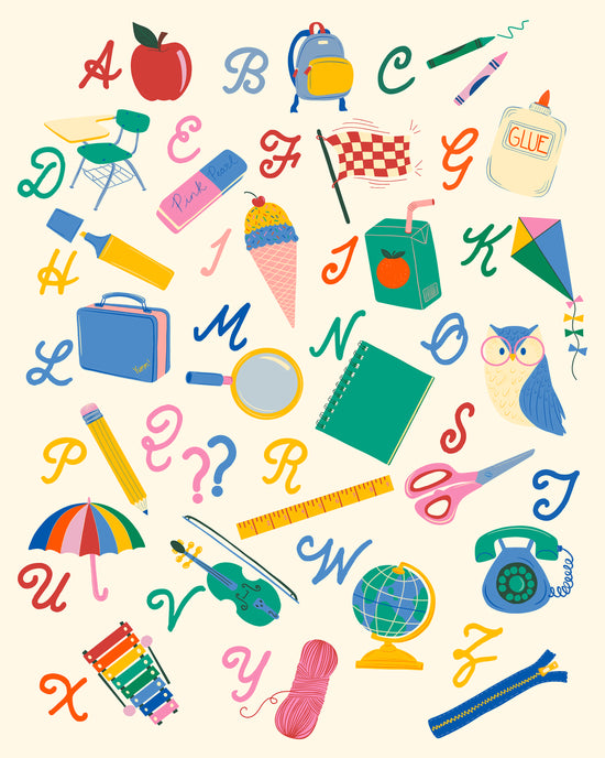 A colorful back-to-school themed graphic featuring various school supplies and alphabet letters in a playful, cartoonish illustration style on a light cream background.