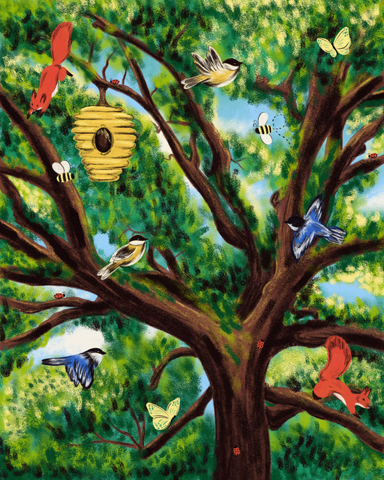 A colorful nature illustration of a large tree with green leaves, brown branches, bluebirds, a red squirrel, a yellow bee, a yellow butterfly, and a beehive.