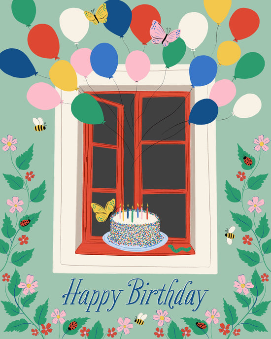 A colorful birthday illustration featuring a red-framed window with a birthday cake on a blue plate inside, surrounded by floating balloons, butterflies, bees, flowers, and ladybugs on a mint green background, with the text 'Happy Birthday' at the bottom.