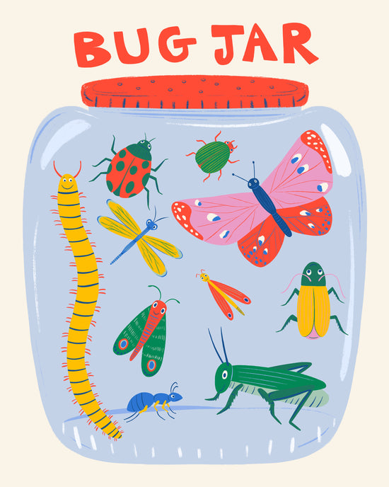 A whimsical illustration of a clear glass jar labeled 'BUG JAR' with a red lid, filled with colorful illustrated insects including a pink butterfly, green grasshopper, yellow centipede, and others, on a light cream background.