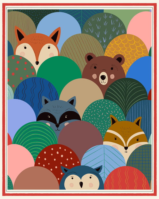 A colorful illustrated scene of forest animals peeking from round patterned shapes, including foxes, a bear, a raccoon, and an owl, framed by a red border.