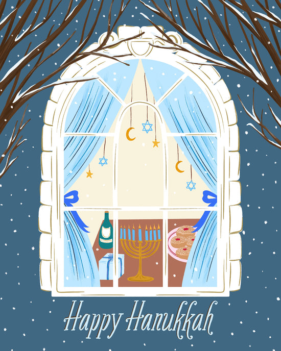 A festive illustrated Hanukkah scene viewed through a large arched window. Bare tree branches frame the top, and the background is a snowy blue night sky.