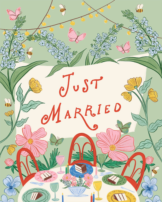 A whimsical illustrated sign reading 'Just Married' in red script, surrounded by flowers, butterflies, bees, and a decorated dining table with red chairs.