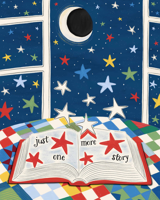 A whimsical illustration of an open book on a colorful quilted bedspread under a window, with a starry night sky and a crescent moon outside. The book reads 'just one more story' with red stars on the pages.