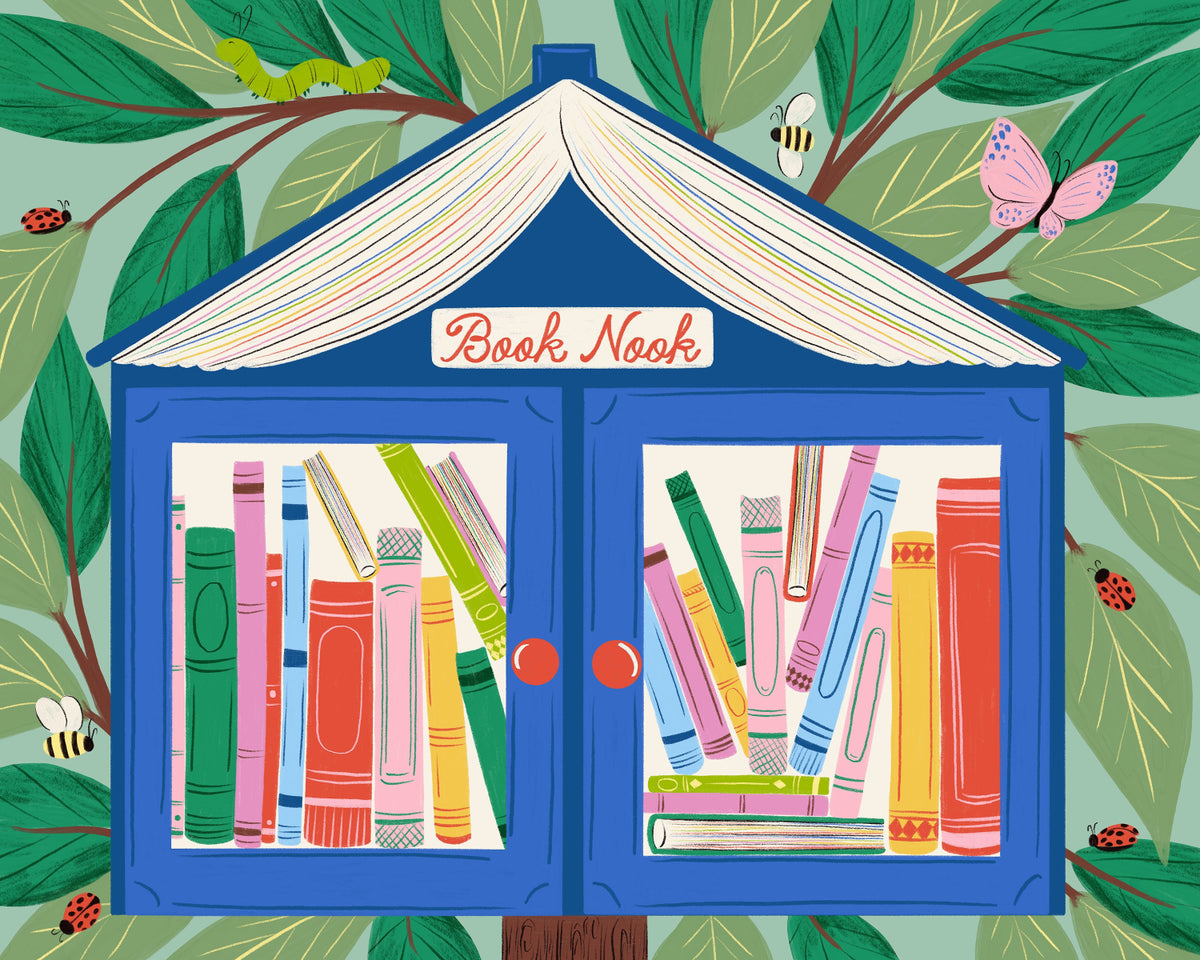 A whimsical illustration of a blue book nook shaped like a small house, filled with colorful illustrated books, surrounded by green leaves, bees, ladybugs, a caterpillar, and a butterfly. The sign above the doors reads 'Book Nook'.