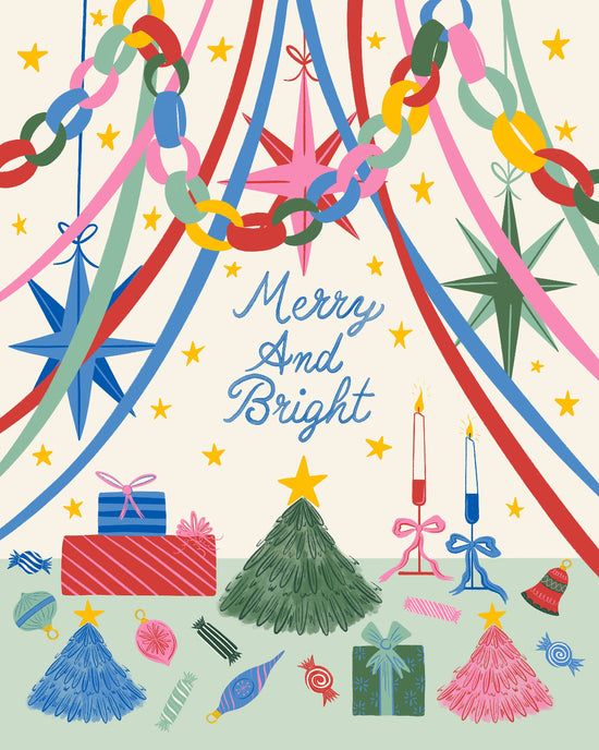 A festive Christmas illustration with the words “Merry And Bright” in blue script. The scene shows colorful hanging paper chains, star ornaments, wrapped gifts, candles, a green Christmas tree, and other holiday decorations on a cream background with small yellow stars.