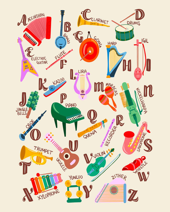 A colorful educational poster showing the alphabet from A to Z, with each letter paired with a different musical instrument. The instruments are illustrated in bright, playful colors on a light beige background, including accordion, banjo, clarinet, drums, guitar, harp, lira, piano, recorder, saxophone, trumpet, xylophone, and zither.