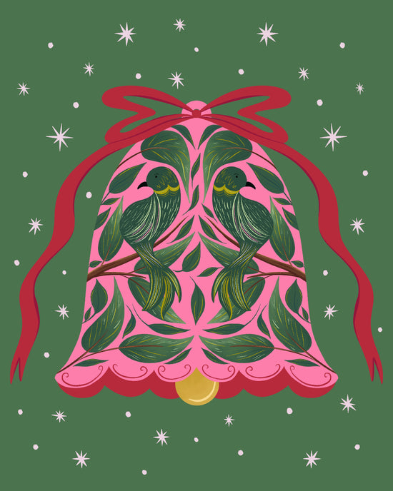 A festive graphic illustration of a pink Christmas bell decorated with green birds, leaves, and a red ribbon bow, set against a dark green background with white stars.