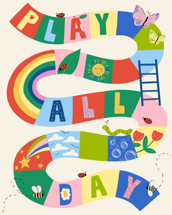 A colorful children's board game path illustration spelling 'PLAY ALL DAY' with illustrated sections including a rainbow, sun, ladder, flowers, bees, butterflies, and ladybugs on a light cream background.