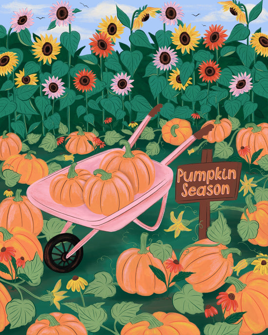 A colorful autumn garden illustration featuring a pink wheelbarrow filled with pumpkins, surrounded by sunflowers, scattered pumpkins, green leaves, and a wooden sign that reads 'Pumpkin Season'.