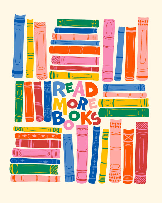 A colorful graphic illustration of stylized book spines arranged around the words 'READ MORE BOOKS' in playful multicolored lettering on a light cream background.