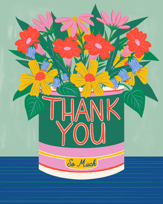 A colorful graphic illustration of a flower bouquet in a green pot with the words 'THANK YOU' and 'So Much' written on it, set against a mint green background with a dark blue striped surface.
