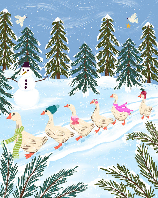 A winter landscape illustration showing several white geese walking through snow toward a forest of evergreen trees. A snowman stands on the left, with birds in the blue sky above and pine branches framing the scene.