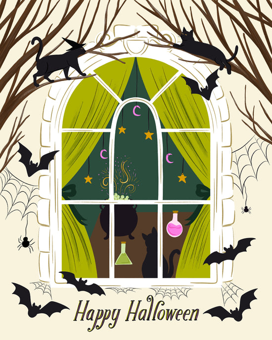Halloween-themed illustration featuring an arched window with green curtains, black cats, bats, cobwebs, stars, moons, and potion bottles, with the text 'Happy Halloween' at the bottom.