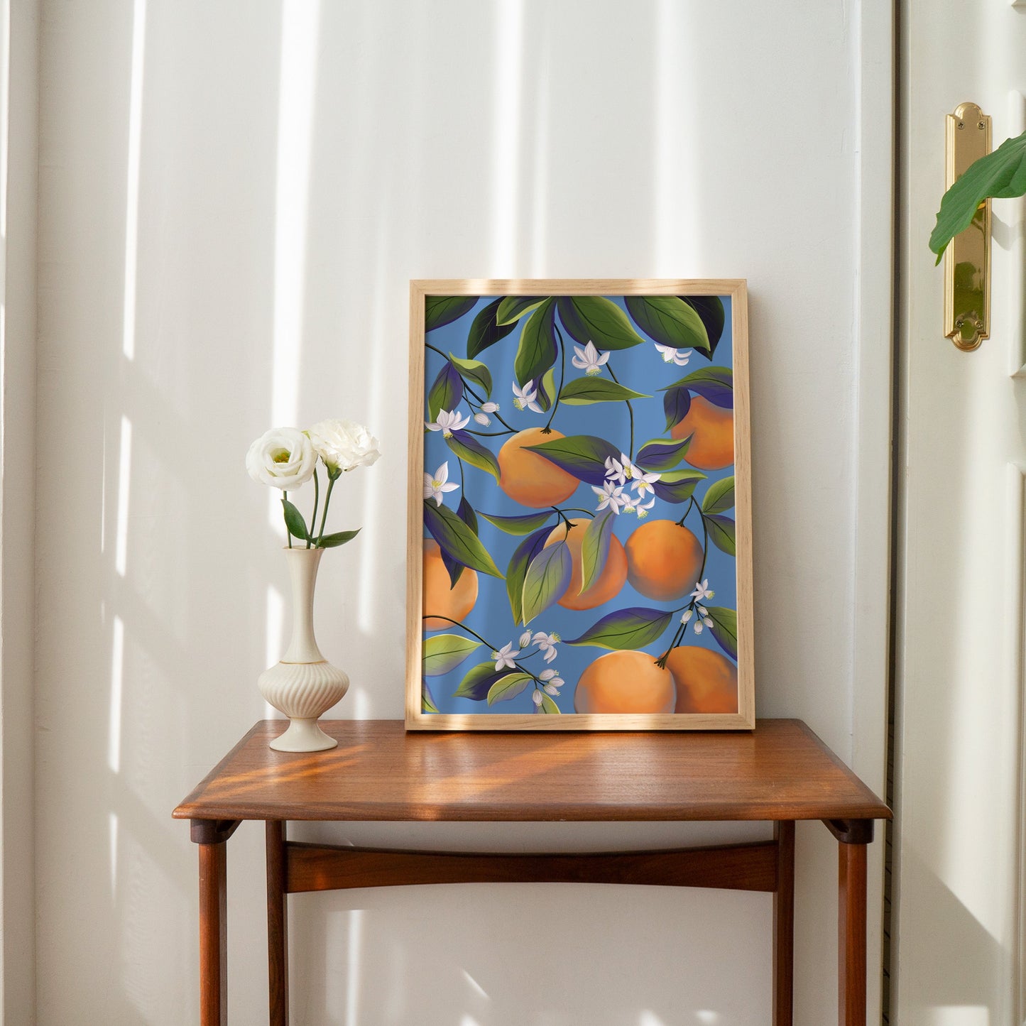 Orange Blossoms In Blue Wall Art Print